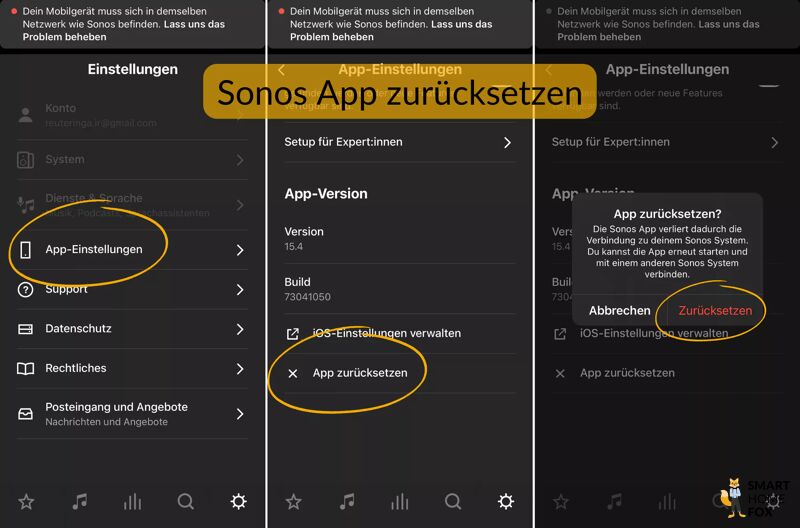 Screenshots der Sonos App, wie man sie zurücksetzt